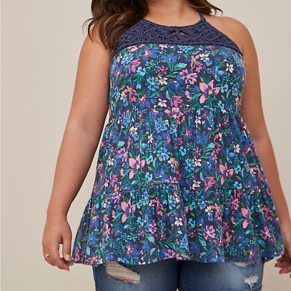 Torrid Textured Jersey Crochet High Neck Tiered Top